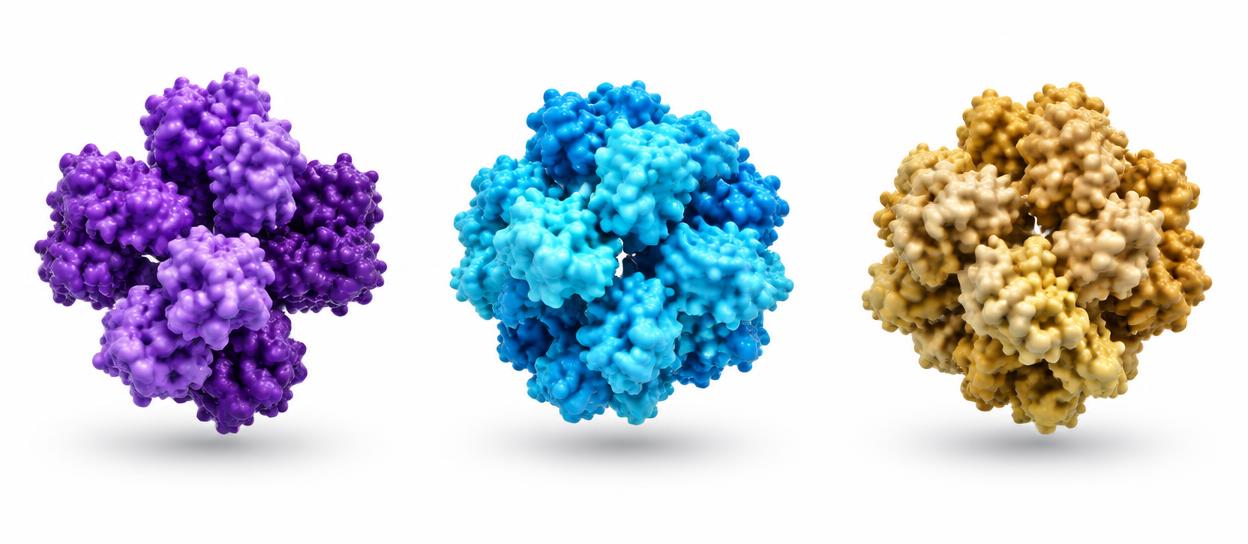 Illustrative purple, blue and gold receptor protein structures